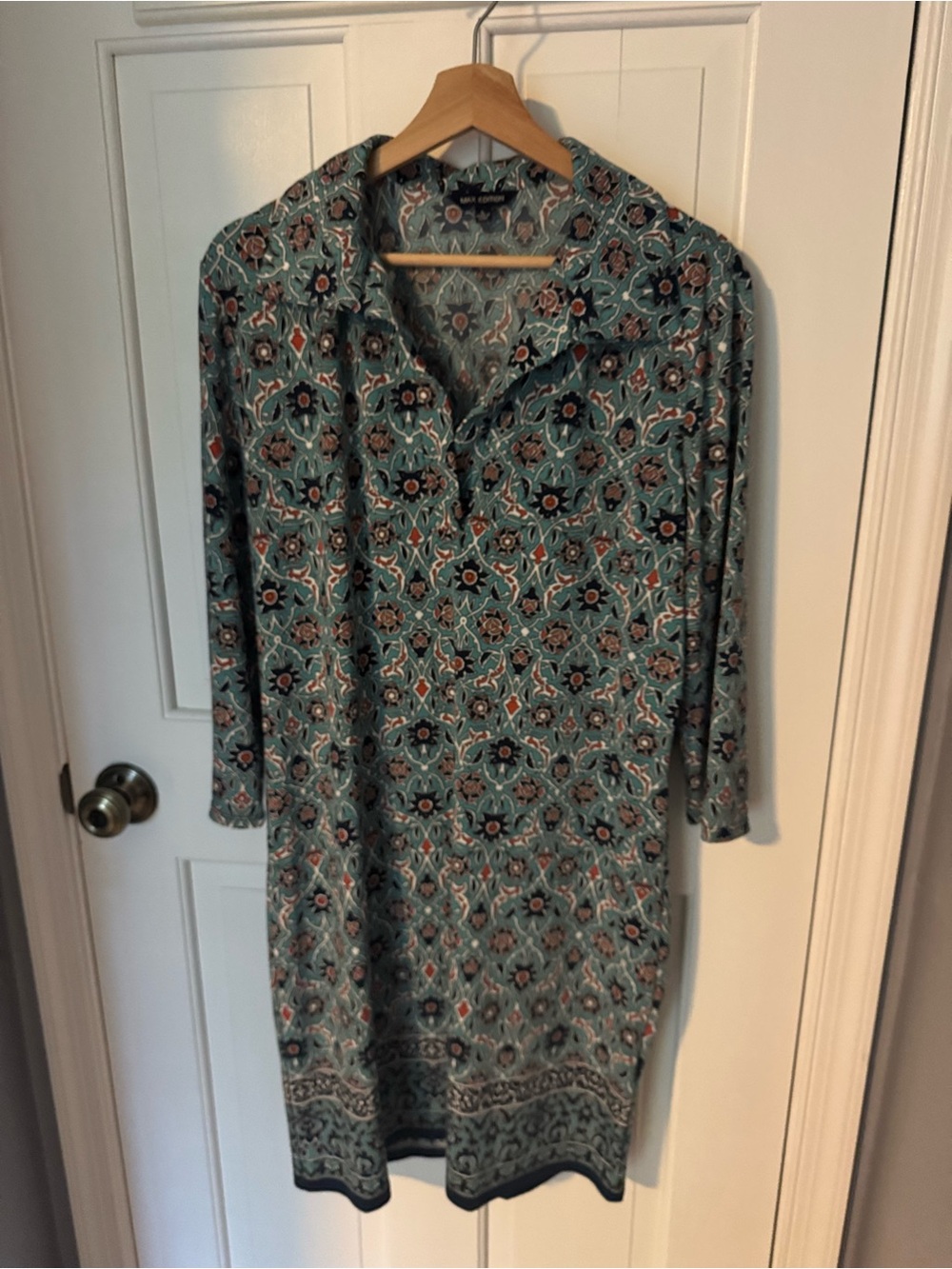 Max Edition Patterned Teal Floral Shirt Dress Sz L